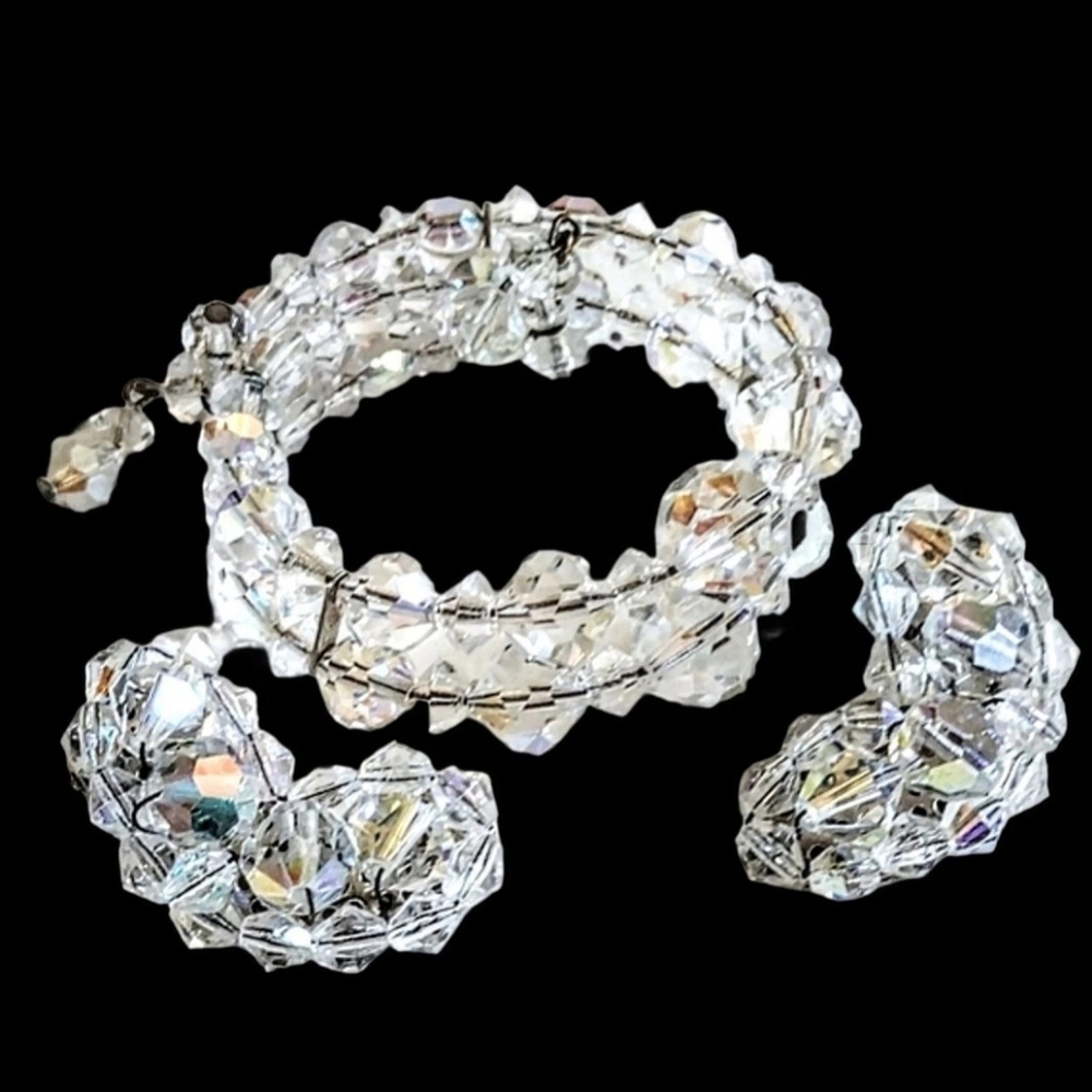 🌷 Vintage Faceted AB Glass Crystal Bead Wrap Bracelet Cluster Earrings Set
